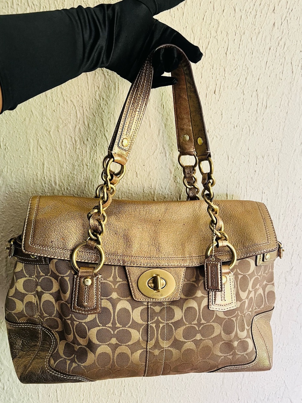 Rare Coach Y2K Metallic Signature Turnlock Tote.